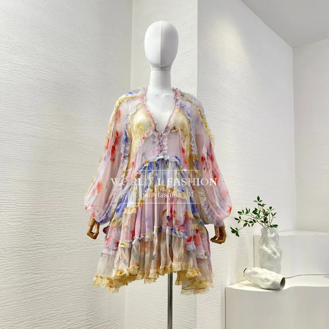 2025 New Fashion Silk Multi Color Floral Print Ruffles Pleat V Neck Mini Dress for Women
2025 New Fashion Silk Multi Color Floral Print Ruffles Pleat V Neck Mini Dress for Women