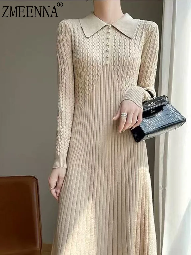 ZMEENNA Women's Elegant Beige Ribbed Knit Polo Dress Long Sleeve Midi Sweater With Collar Button Detail Casual Chic ZM3345
ZMEENNA Women's Elegant Beige Ribbed Knit Polo Dress Long Sleeve Midi Sweater With Collar Button Detail Casual Chic ZM3345