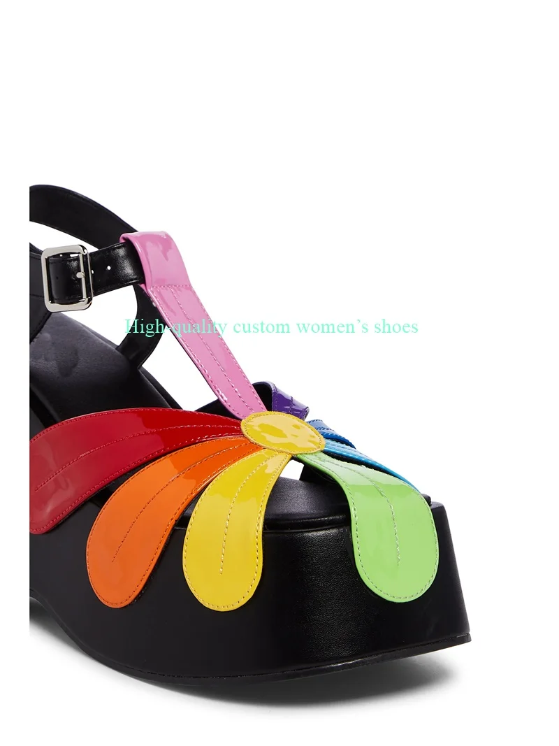 Retro Style Sunflower Shape Cutout Lnstep Thick Sole Sandals Rainbow-Colored Extremely High Women's Platform Shoes Luxury Heels
Retro Style Sunflower Shape Cutout Lnstep Thick Sole Sandals Rainbow-Colored Extremely High Women's Platform Shoes Luxury Heels