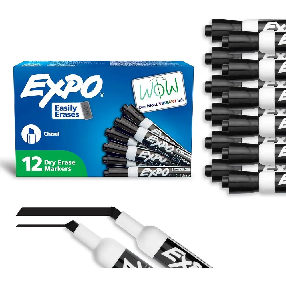 Chisel Tip Dry Erase Markers, Low Odor Black Ink, 12 Pack for Whiteboards, Calendars, and Office Supplies
Chisel Tip Dry Erase Markers, Low Odor Black Ink, 12 Pack for Whiteboards, Calendars, and Office Supplies