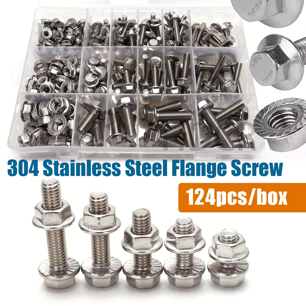 124 pcs 304 stainless steel hexagonal flange bolt and nut set, sizes M5/M6/M8, lengths: 10mm,12mm,16mm,20mm,25mm,30mm,35mm
124 pcs 304 stainless steel hexagonal flange bolt and nut set, sizes M5/M6/M8, lengths: 10mm,12mm,16mm,20mm,25mm,30mm,35mm