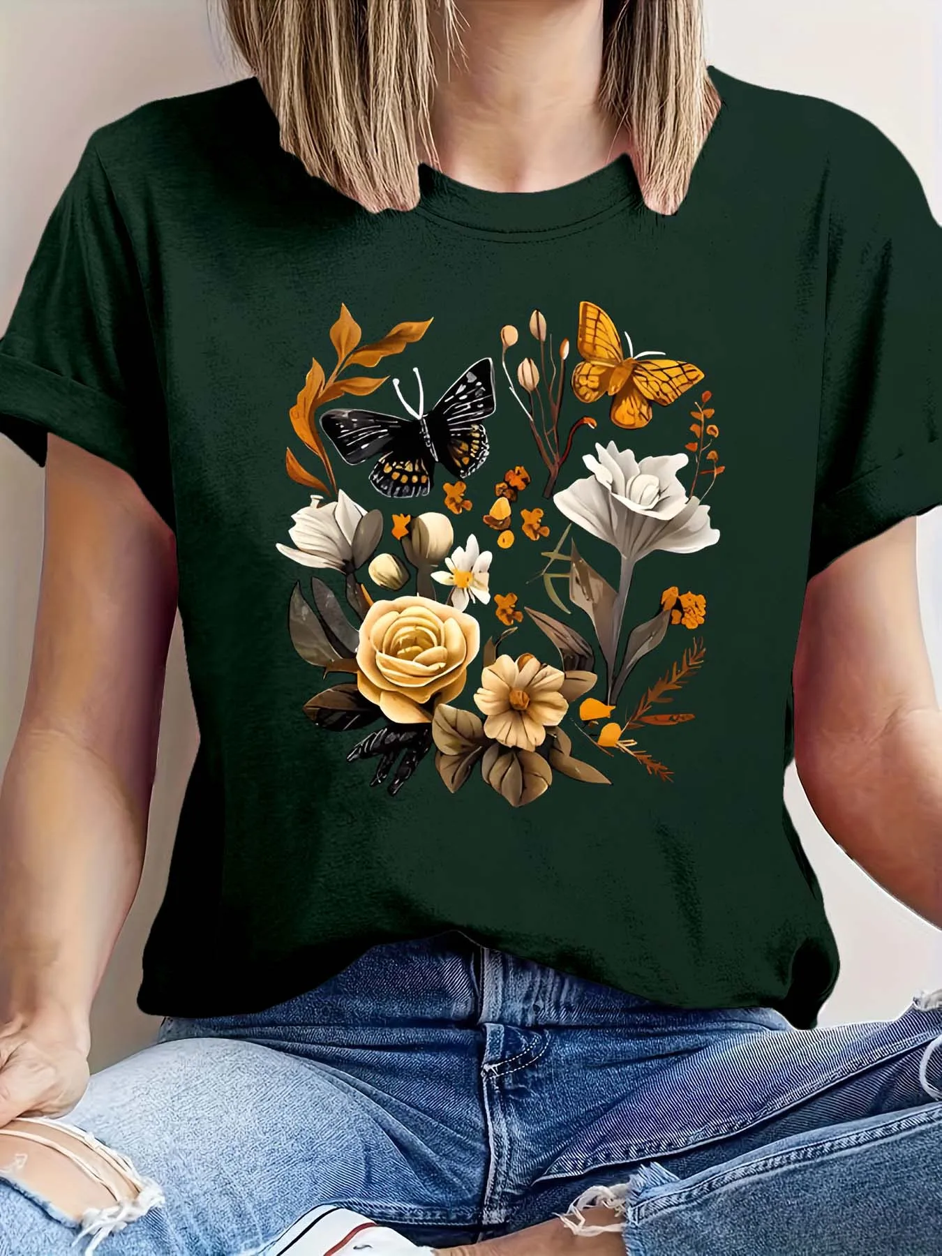 Футболка больших размеров с художественным цветочным принтом бабочки, изящный модный топ в стиле природы для легкой элегантности
Футболка больших размеров с художественным цветочным принтом бабочки, изящный модный топ в стиле природы для легкой элегантности