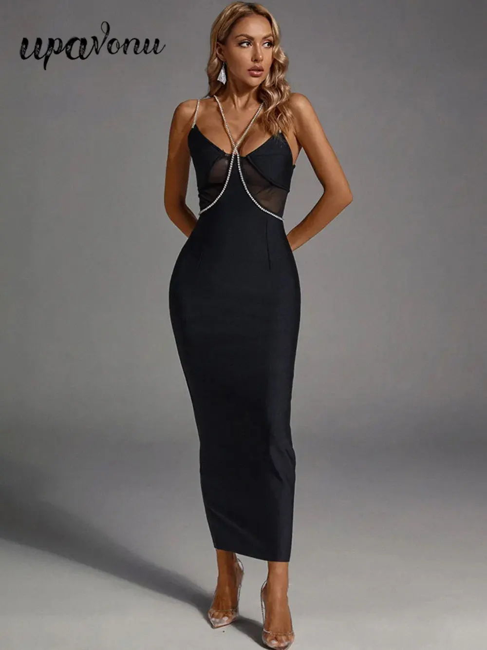 2025 Spring Women's Water Diamond Chain Strap Sleeveless Bandage Dress Patchwork Bodycon Long Dress Evening Club Party Vestidos
2025 Spring Women's Water Diamond Chain Strap Sleeveless Bandage Dress Patchwork Bodycon Long Dress Evening Club Party Vestidos