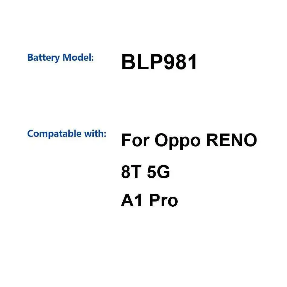 Аккумулятор мобильного телефона для Oppo Reno 8T 5G A1 Pro, высокая емкость, 4800 мАч, экологически чистый BLP981 
Аккумулятор мобильного телефона для Oppo Reno 8T 5G A1 Pro, высокая емкость, 4800 мАч, экологически чистый BLP981