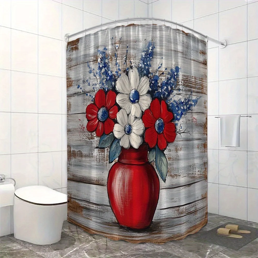1pc Polyester Shower Curtain - Folk Art Floral Design with Red Ceramic Vase & Rustic Wooden Planks
1pc Polyester Shower Curtain - Folk Art Floral Design with Red Ceramic Vase & Rustic Wooden Planks