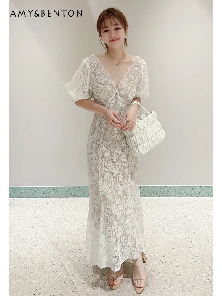 Spring and Summer French Style Temperament Elegant V-neck Lace Puff Sleeve Dress Commute Style Fashion Slim Mid-Length Dresses
Spring and Summer French Style Temperament Elegant V-neck Lace Puff Sleeve Dress Commute Style Fashion Slim Mid-Length Dresses