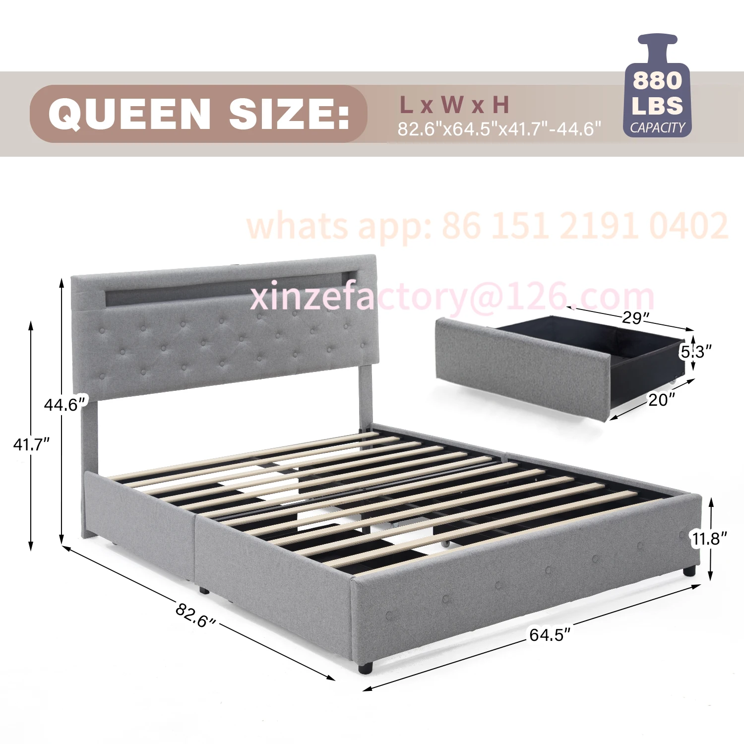 Customizable King/Queen Size LED Bed Frame with 4 Drawers & 2 USB Charging Station, Modern Adjustable Upholstered Button Tufted
Customizable King/Queen Size LED Bed Frame with 4 Drawers & 2 USB Charging Station, Modern Adjustable Upholstered Button Tufted