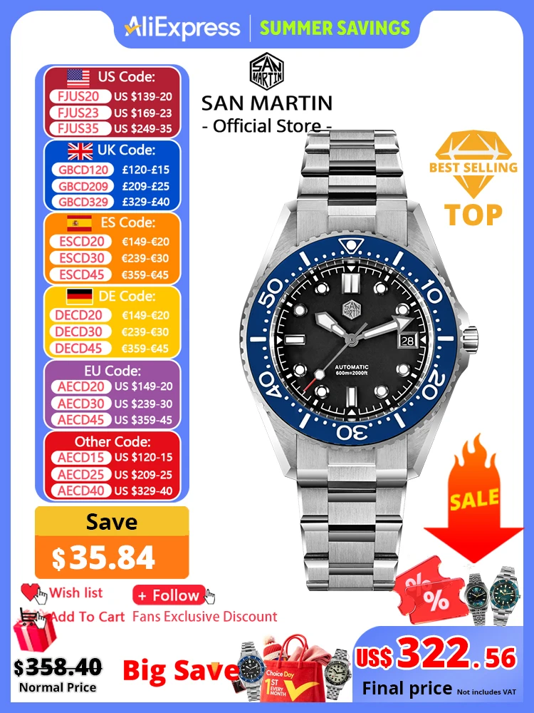 San Martin Upgraded 41mm Waterproof 600m Classic Men Diver Watch Helium Escape Valve ST 2130 Automatic Mechanical Watches SN0036
San Martin Upgraded 41mm Waterproof 600m Classic Men Diver Watch Helium Escape Valve ST 2130 Automatic Mechanical Watches SN0036