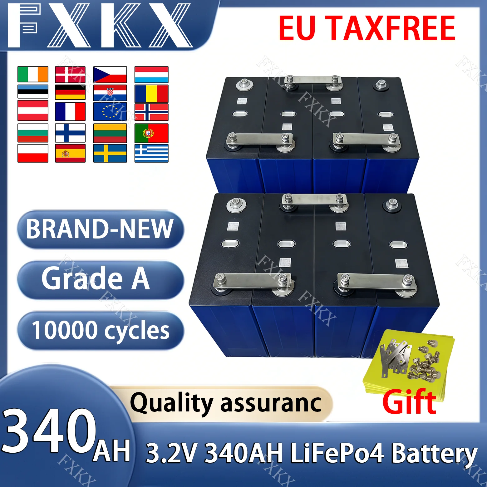 340AH Lifepo4 Battery 3.2V Grade A 12V 24V 48V Lithium iron phosphate Cell Rechargeable prismatic For RV Camping
340AH Lifepo4 Battery 3.2V Grade A 12V 24V 48V Lithium iron phosphate Cell Rechargeable prismatic For RV Camping