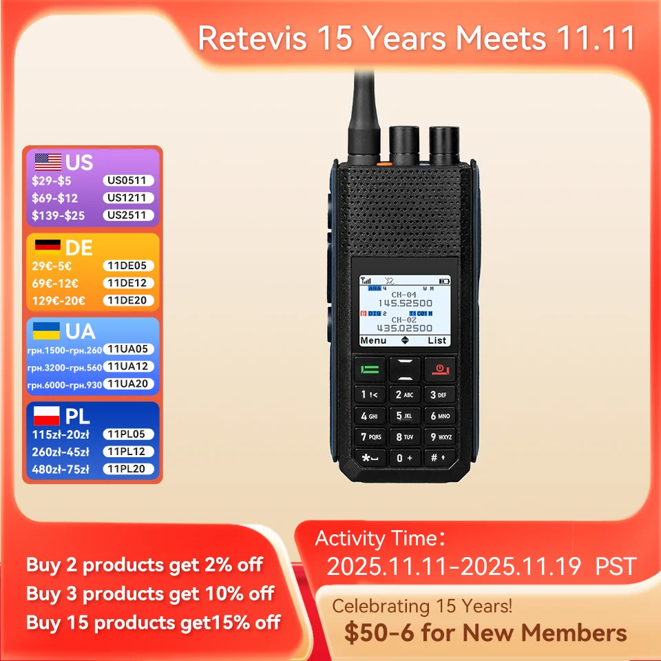 Retevis Ailunce H1 DMR Walkie Talkie Long Range Ham Radio UHF VHF Communication Two-way Radio Station FM GPS APRS
Retevis Ailunce H1 DMR Walkie Talkie Long Range Ham Radio UHF VHF Communication Two-way Radio Station FM GPS APRS