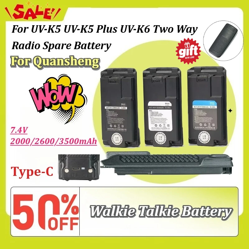 New 7.4V 2000/2600/3500mAh Walkie Talkie Battery for Quansheng UV-K5 UV-K5 Plus UV-K6 Two Way Radio Spare Battery with Type-C
New 7.4V 2000/2600/3500mAh Walkie Talkie Battery for Quansheng UV-K5 UV-K5 Plus UV-K6 Two Way Radio Spare Battery with Type-C