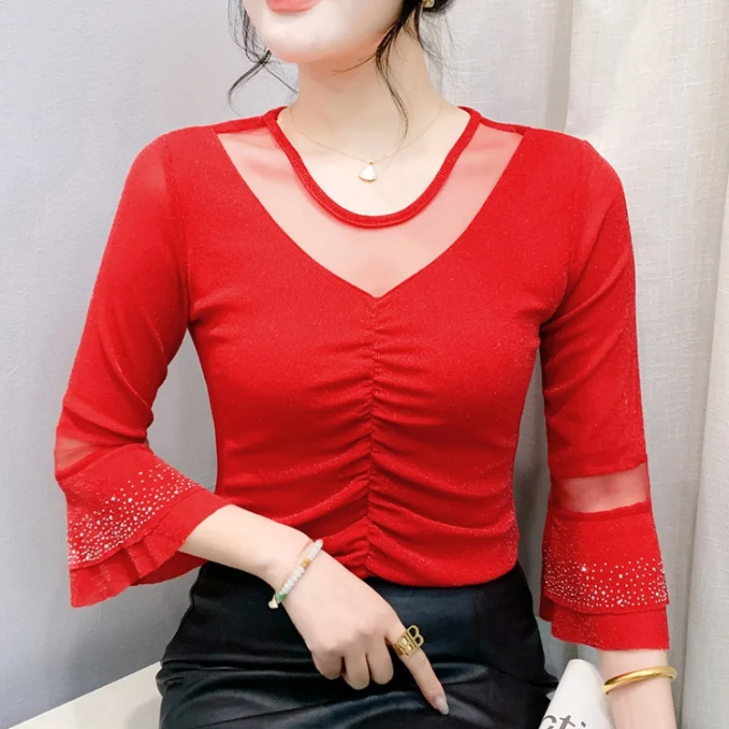 New Fashion Diamonds Mesh T-Shirt For Women 2025 Summer Sexy See-Through O-Neck 3/4 Flare Sleeve Temperament Simple Tees
New Fashion Diamonds Mesh T-Shirt For Women 2025 Summer Sexy See-Through O-Neck 3/4 Flare Sleeve Temperament Simple Tees