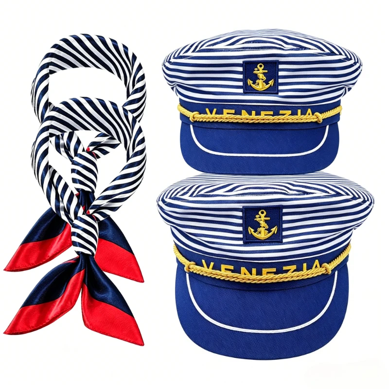 (2 hats+2 square scarves) 4-piece striped captain's sailor hat with anchor embroidery, Venetian sailing yacht party decoration
(2 hats+2 square scarves) 4-piece striped captain's sailor hat with anchor embroidery, Venetian sailing yacht party decoration