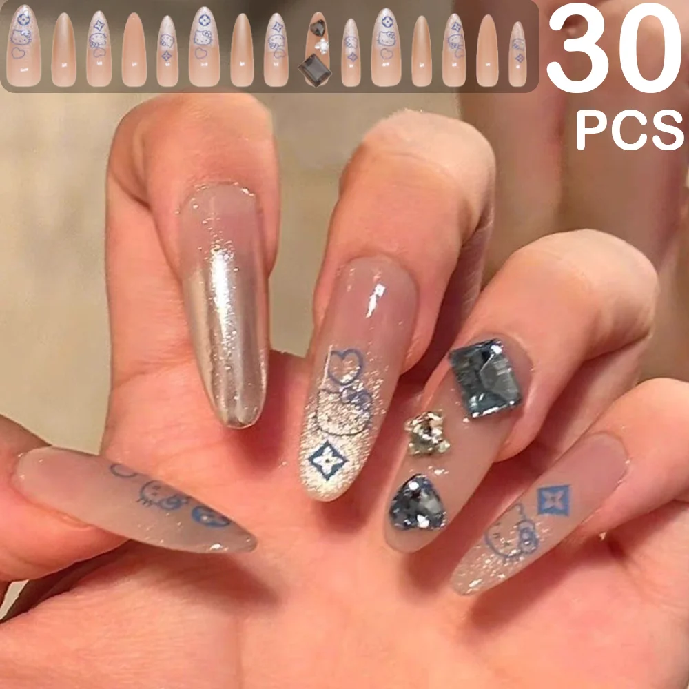 30 PCS Cute Blue Cat Press On Nails Long Almond Flash Fake Nails With Black Square Drill Nails Art Summer Girls
30 PCS Cute Blue Cat Press On Nails Long Almond Flash Fake Nails With Black Square Drill Nails Art Summer Girls