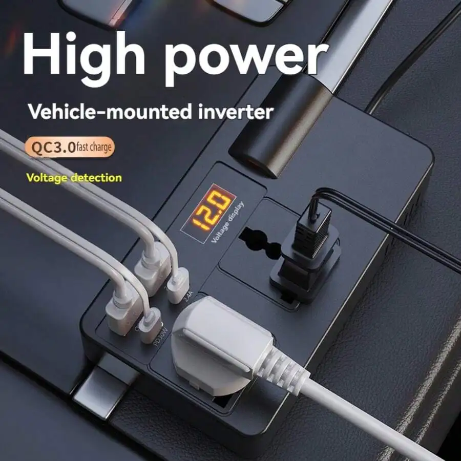 120W 7-In-1 Car Inverter With QC3.0 & USB PD Fast Charging, Dual Voltage Display, 3 Outlet Splitter For 12V/24V Vehicles
120W 7-In-1 Car Inverter With QC3.0 & USB PD Fast Charging, Dual Voltage Display, 3 Outlet Splitter For 12V/24V Vehicles