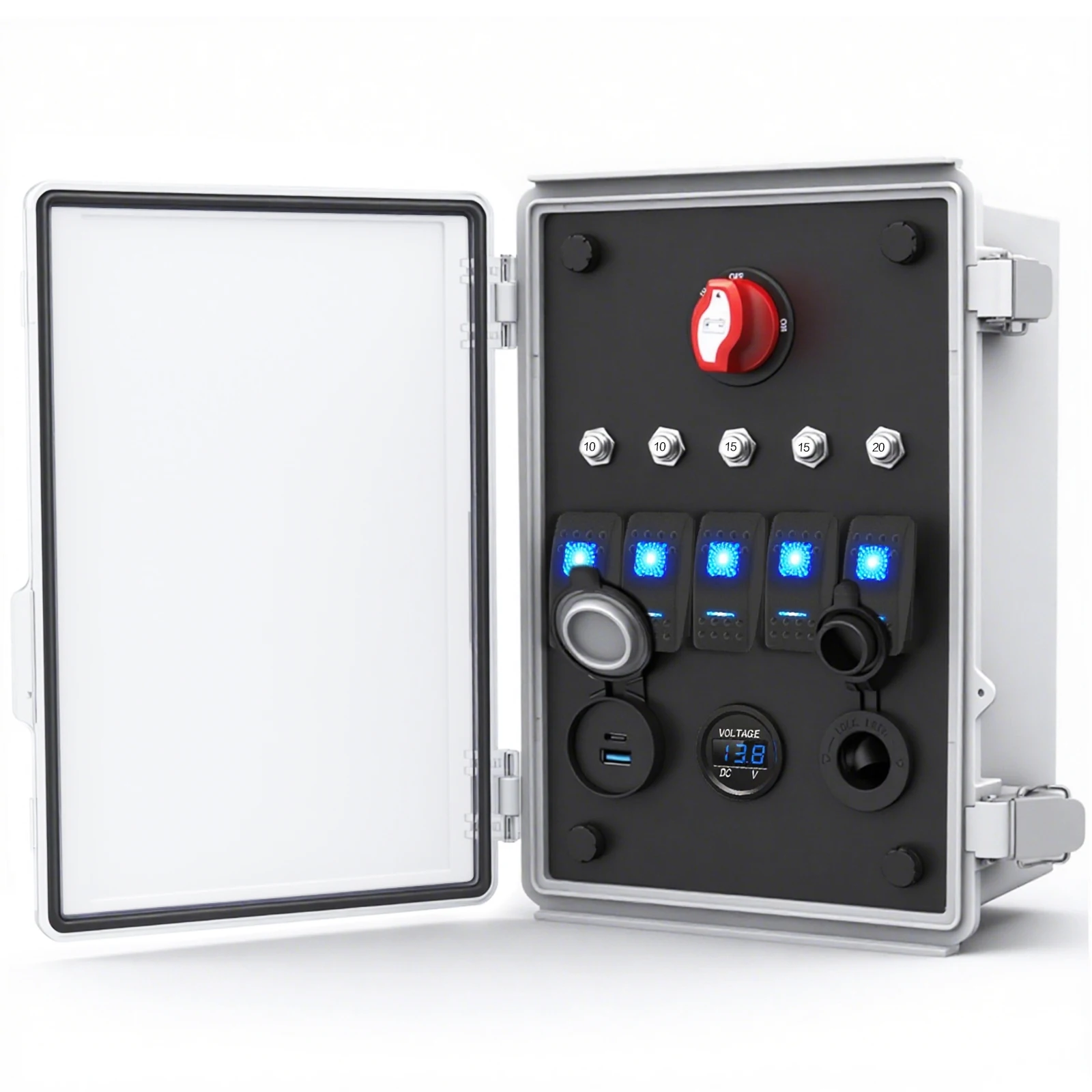 12V Waterproof Rocker Switch Electrical Box with 150A Battery Switch 5 Gauge Toggle Switch Panel QC3.0&PD30W Charger
12V Waterproof Rocker Switch Electrical Box with 150A Battery Switch 5 Gauge Toggle Switch Panel QC3.0&PD30W Charger