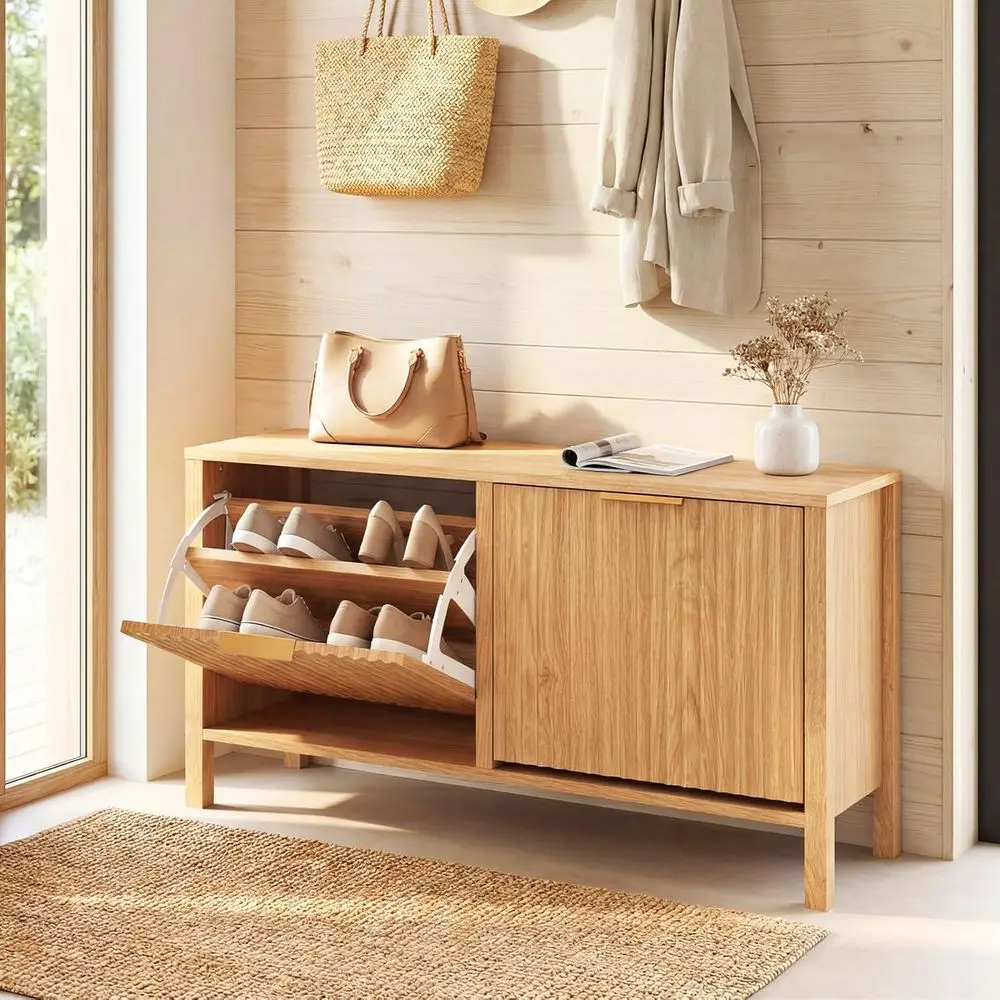 Shoe Storage Bench with 2 Flip Drawers, Wooden Entryway Bench with Storage, Fluted Doors, Adjustable Shelves, Hidden Shoe Cabinet for Entry Way, Hallway, Foyer, Living Room (Natural+Gold)
Shoe Storage Bench with 2 Flip Drawers, Wooden Entryway Bench with Storage, Fluted Doors, Adjustable Shelves, Hidden Shoe Cabinet for Entry Way, Hallway, Foyer, Living Room (Natural+Gold)
