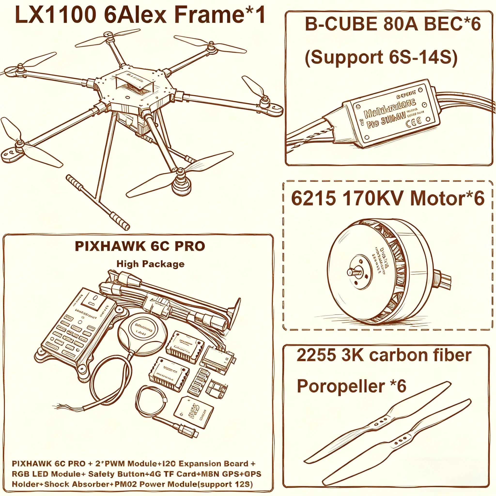 Комплект для гексакоптера LX1100 6C PRO M8N M9N M10: полностью карбоновая рама 1100 мм, ESC B-CUBE 80A, полетный контроллер PX4 Pixhawk, мотор 6215
Комплект для гексакоптера LX1100 6C PRO M8N M9N M10: полностью карбоновая рама 1100 мм, ESC B-CUBE 80A, полетный контроллер PX4 Pixhawk, мотор 6215