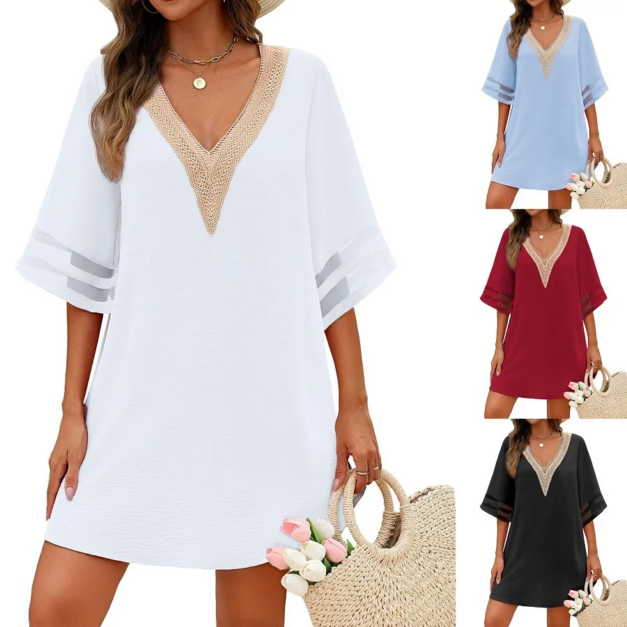 Summer Women's Dress V-neck Lace Lace Fashion 7-point Sleeves Simple Loose Casual Vacation Beach Mini Skirt
Summer Women's Dress V-neck Lace Lace Fashion 7-point Sleeves Simple Loose Casual Vacation Beach Mini Skirt