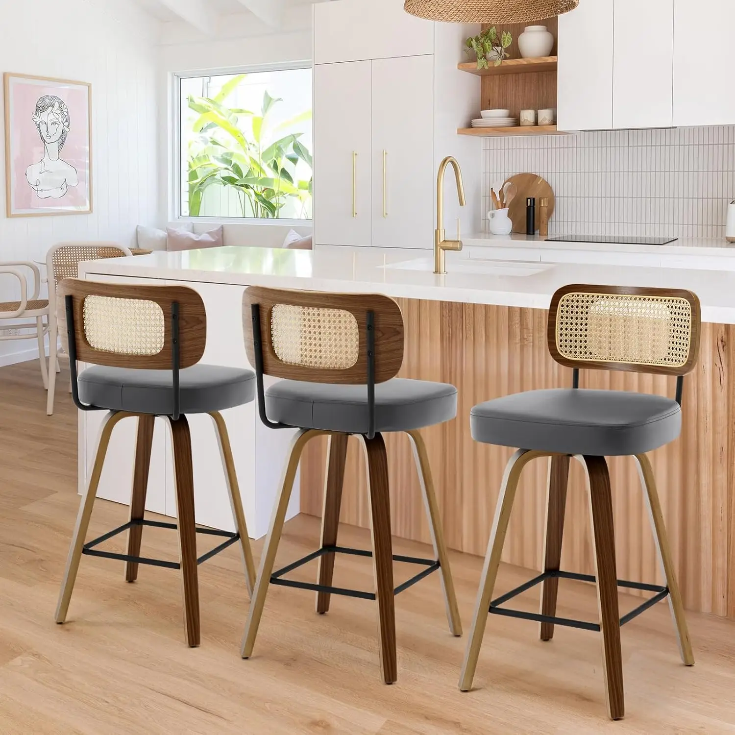 Swivel Bar Stools Set Of 3, Upholstered Faux Leather Barstools With Rattan Back, 29" Seat Height Bar Chairs For, Customized
Swivel Bar Stools Set Of 3, Upholstered Faux Leather Barstools With Rattan Back, 29" Seat Height Bar Chairs For, Customized