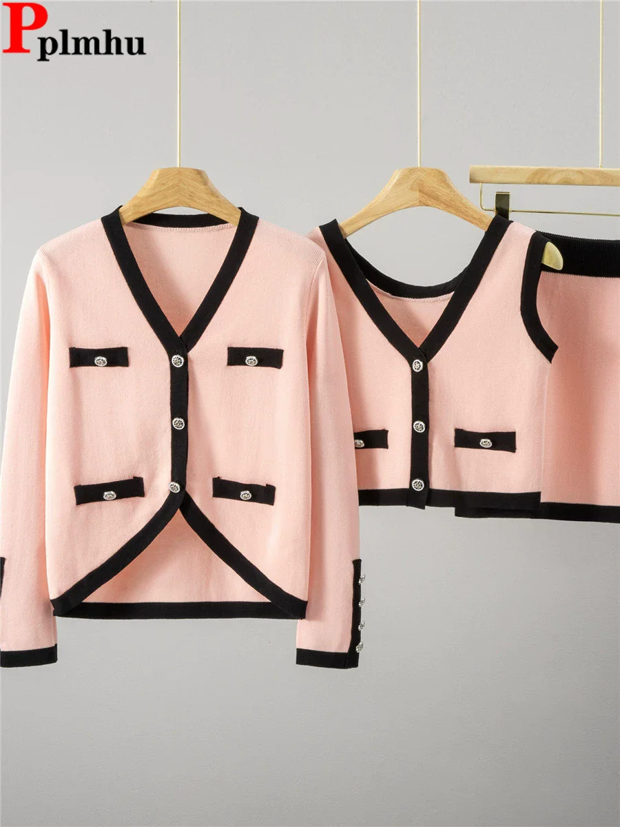 Элегантный новый вязаный комплект из 3 предметов, женский свитер с v-образным вырезом и длинными рукавами, кардиган, жилет без рукавов, Conjuntos, корейские короткие юбки, наряд
Элегантный новый вязаный комплект из 3 предметов, женский свитер с v-образным вырезом и длинными рукавами, кардиган, жилет без рукавов, Conjuntos, корейские короткие юбки, наряд