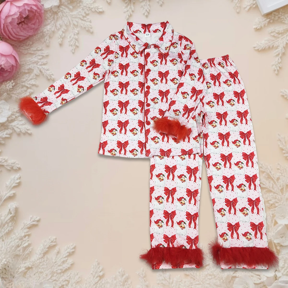 Hot Sale Adult Women Pajamas Set Fashion Mom Red Bows Santa Fur Long Sleeves Button Down Tops Pants Christmas Sleepwear Outfit
Hot Sale Adult Women Pajamas Set Fashion Mom Red Bows Santa Fur Long Sleeves Button Down Tops Pants Christmas Sleepwear Outfit