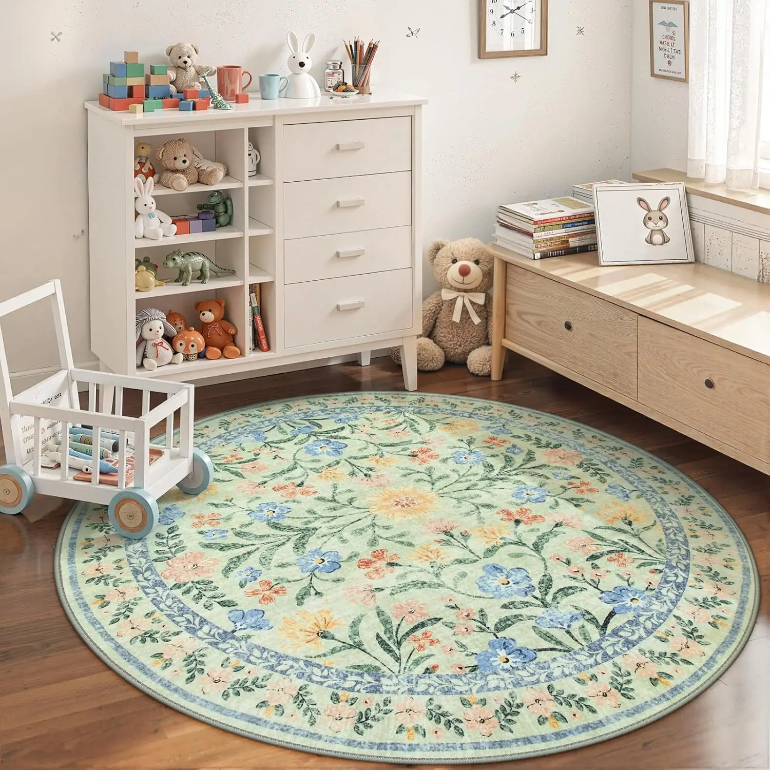 Pastel Floral Garden Round Rug Light Green Base Blue Pink Blooms for Nursery Decor
Pastel Floral Garden Round Rug Light Green Base Blue Pink Blooms for Nursery Decor