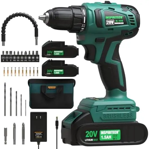 INSPIRITECH 20V Cordless Drill Set w/ 2 Batteries, Charger & Tool Bag - 22 Torque, Brushless Motor
INSPIRITECH 20V Cordless Drill Set w/ 2 Batteries, Charger & Tool Bag - 22 Torque, Brushless Motor