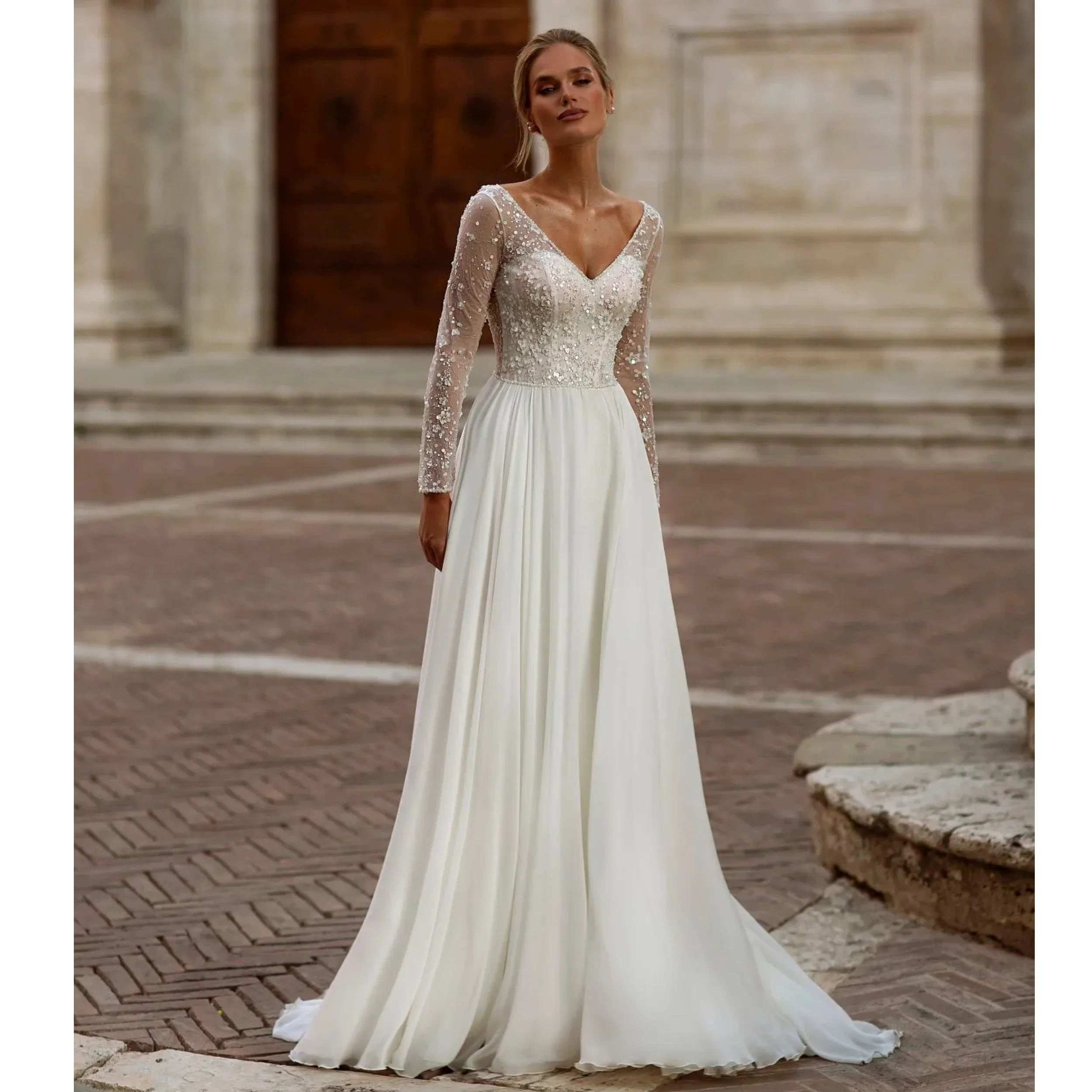 Romatic White Wedding Dress V Neck Long Lace Sleeve Bridal Gown Princess Beading Shiny Women Vestido De Novia Customized
Romatic White Wedding Dress V Neck Long Lace Sleeve Bridal Gown Princess Beading Shiny Women Vestido De Novia Customized