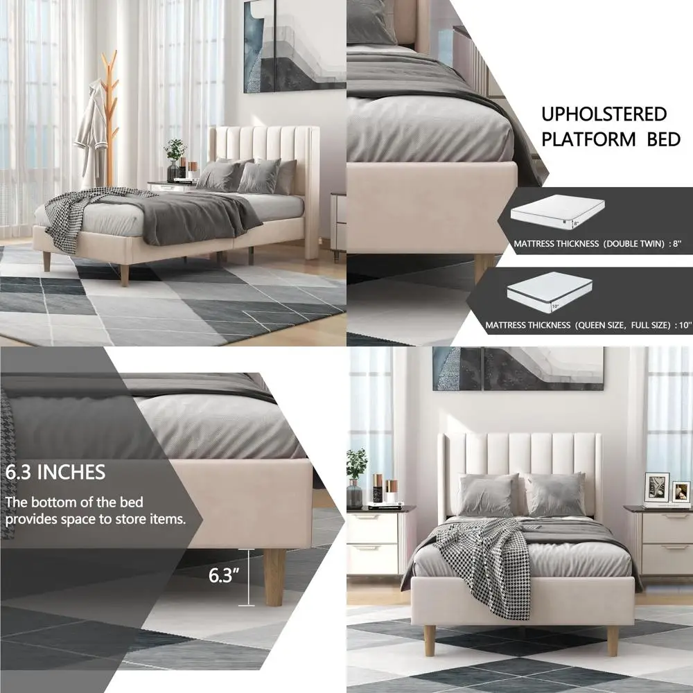 Двуспальная кровать с бархатной обивкой и деревянными ламелями для простой сборки, бежевого цвета.
Двуспальная кровать с бархатной обивкой и деревянными ламелями для простой сборки, бежевого цвета.