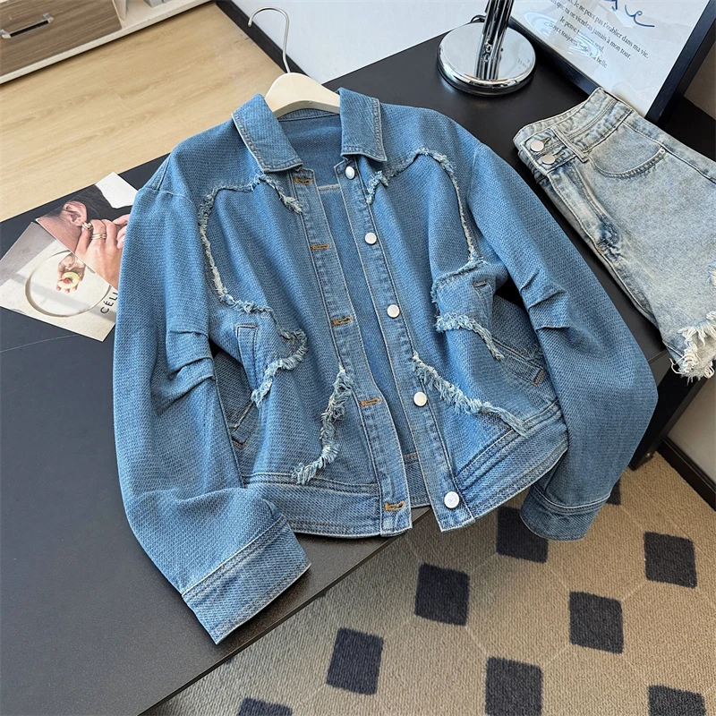Women Fashion Frayed Burrs Blue Cowboy Outwear Loose Casual Turndown Collar Single-Breasted Long Sleeve Denim Jacket Autumn New
Women Fashion Frayed Burrs Blue Cowboy Outwear Loose Casual Turndown Collar Single-Breasted Long Sleeve Denim Jacket Autumn New