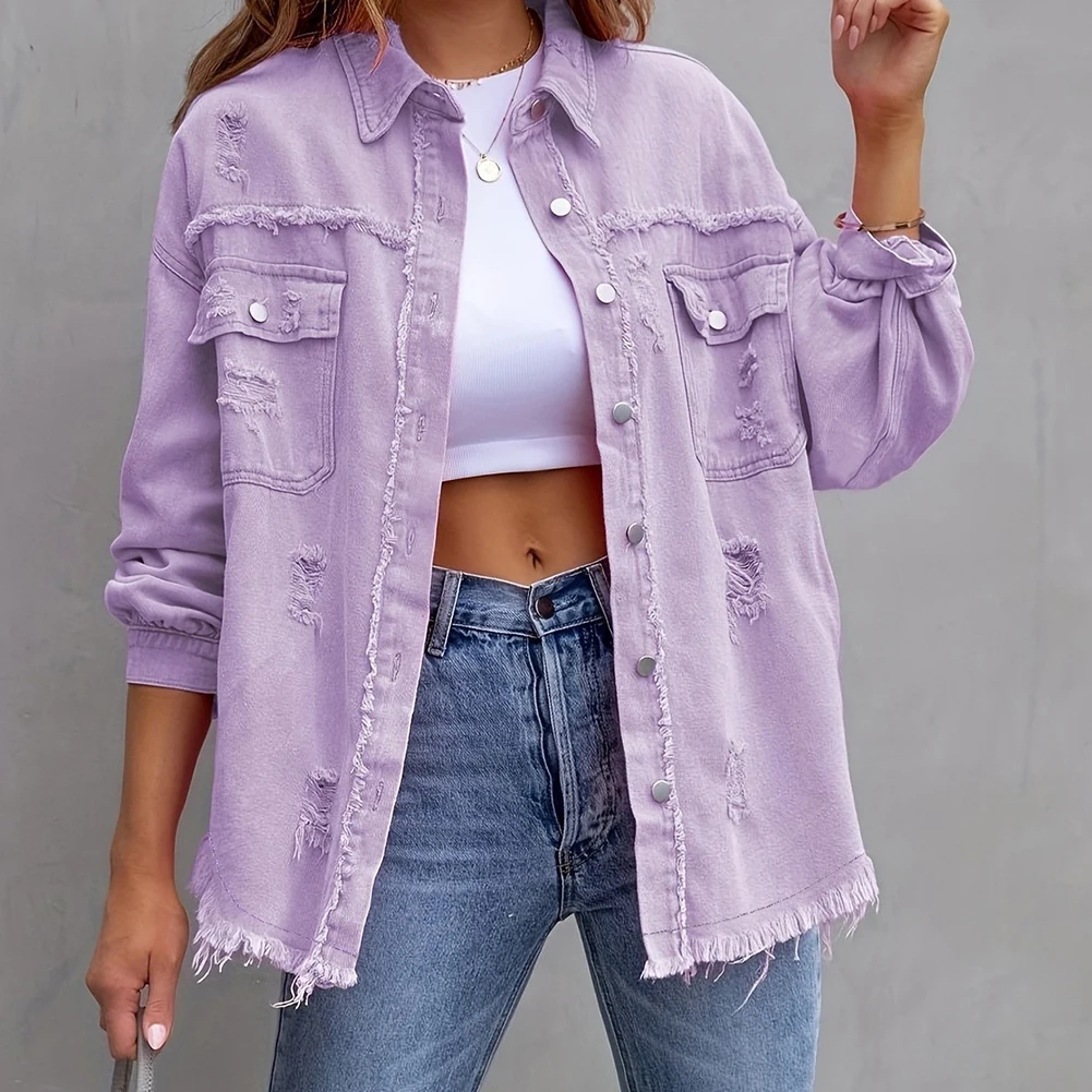 Solid Jacket for Women with Raw Edge Finish and Hole Details Oversize Long Sleeve Casual Jeancoat Style Outerwear
Solid Jacket for Women with Raw Edge Finish and Hole Details Oversize Long Sleeve Casual Jeancoat Style Outerwear
