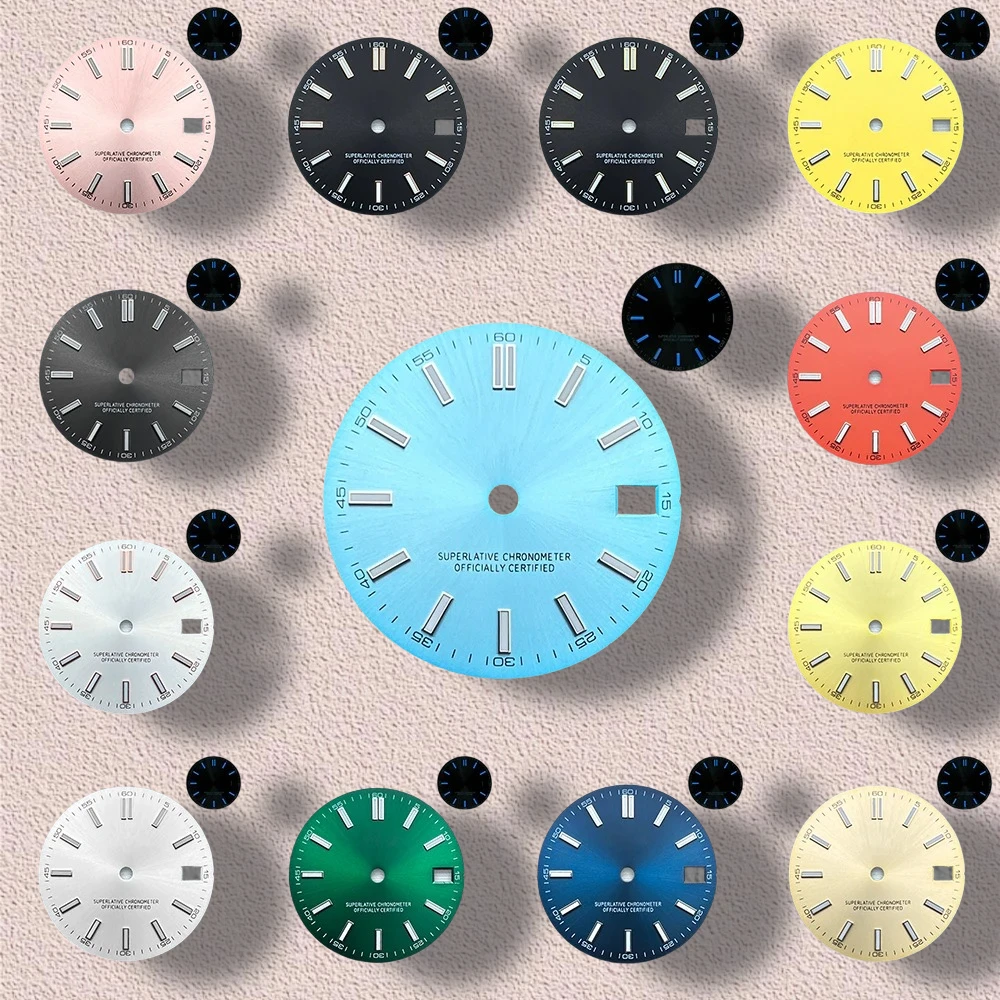 28.5mm S Logo Sunburst Dial Fit NH35/NH36/4R Japanese Movement Blue Luminous High-Quality Dial Watch Modification Accessories 
28.5mm S Logo Sunburst Dial Fit NH35/NH36/4R Japanese Movement Blue Luminous High-Quality Dial Watch Modification Accessories