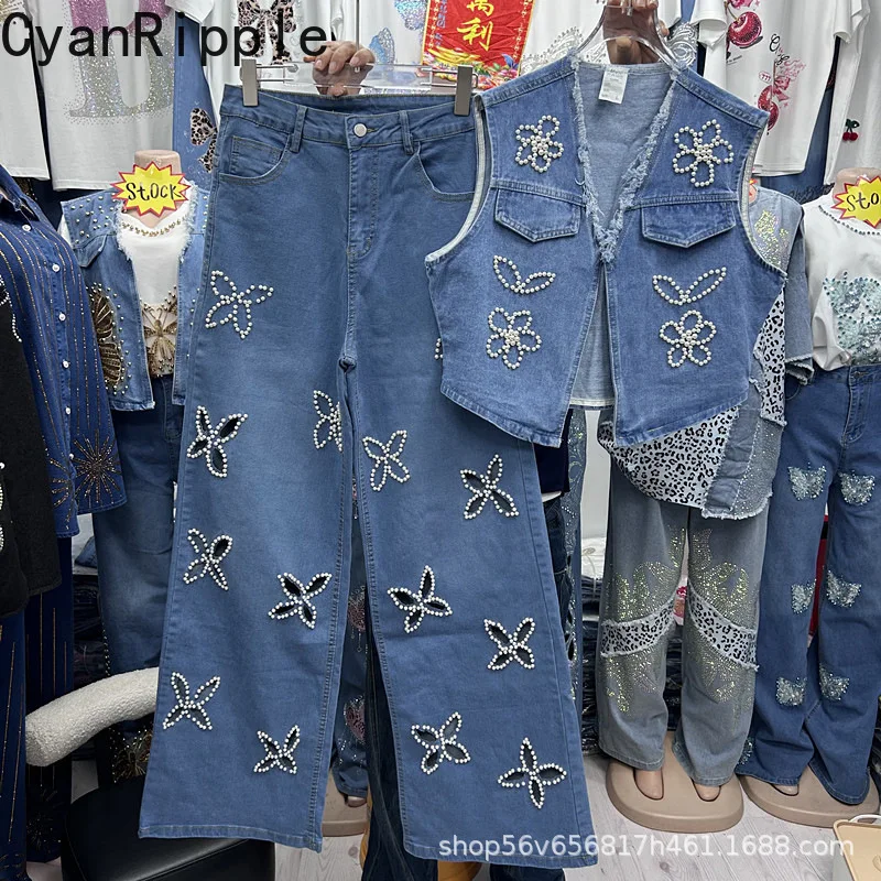 Fashion Lady Denim Two-piece Set Beading Sleeveless V-neck Vest Coat + High Waist Hollow Out Wide Leg Casual Straight Jeans
Fashion Lady Denim Two-piece Set Beading Sleeveless V-neck Vest Coat + High Waist Hollow Out Wide Leg Casual Straight Jeans