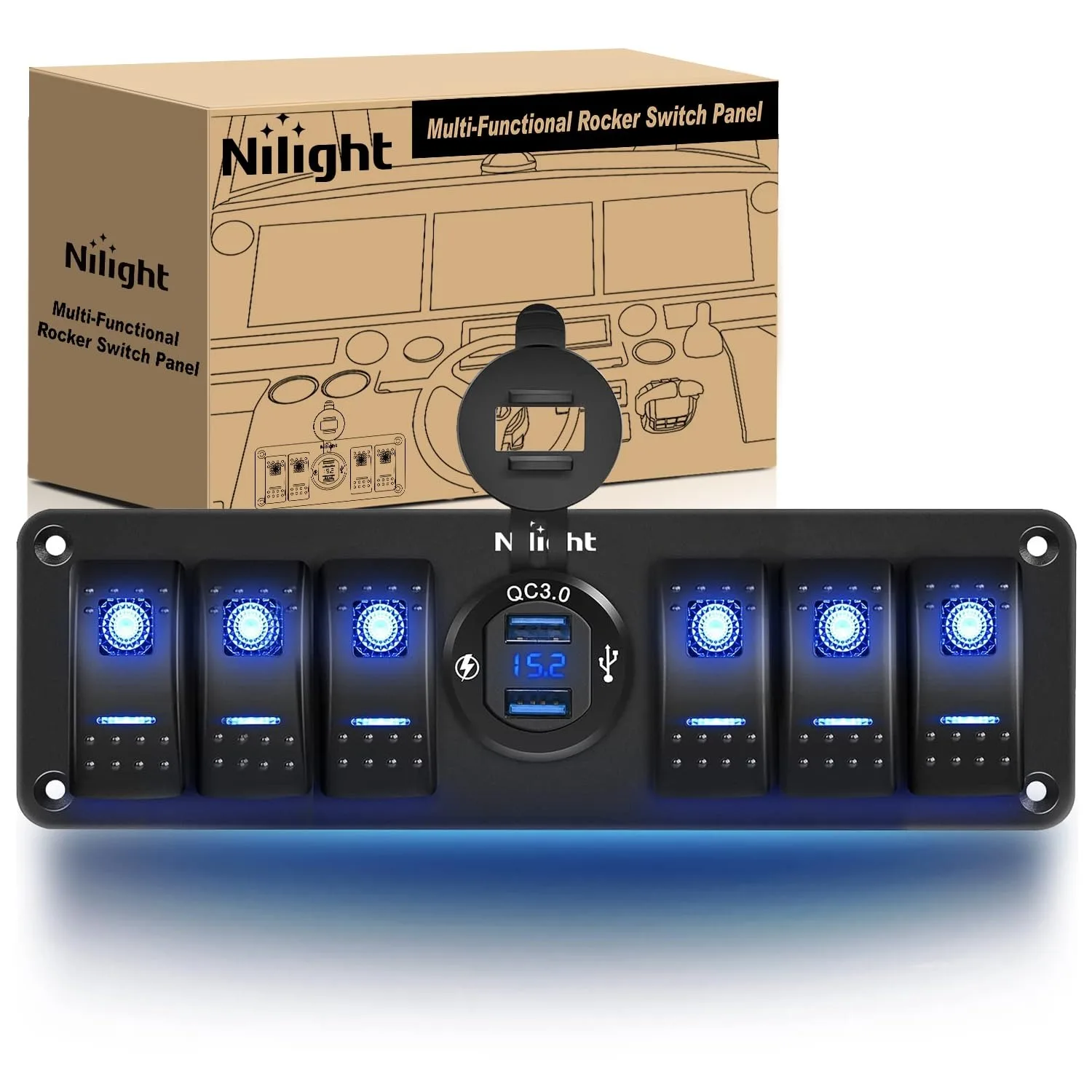 Nilight 6 Gang Rocker Switch 12V SPST ON Off Switch QC 3.0 USB Charger Voltmeter Waterproof Aluminum Rocker Switch Panel Night Glow Stickers for Boats Cars RVs Trucks,Blue
Nilight 6 Gang Rocker Switch 12V SPST ON Off Switch QC 3.0 USB Charger Voltmeter Waterproof Aluminum Rocker Switch Panel Night Glow Stickers for Boats Cars RVs Trucks,Blue