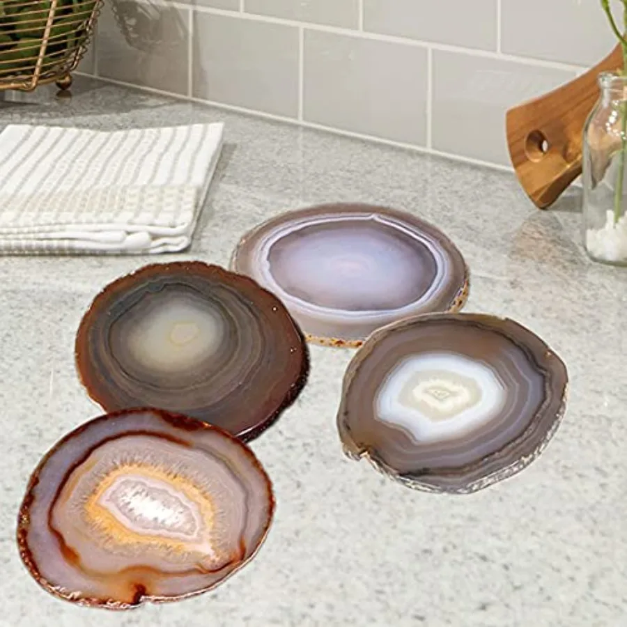 Natural Agate Coasters Set of 4 Brown Geode Stone Slices for Coffee Mugs and Whiskey Glasses Crystal Stone Table Decor with Rub
Natural Agate Coasters Set of 4 Brown Geode Stone Slices for Coffee Mugs and Whiskey Glasses Crystal Stone Table Decor with Rub