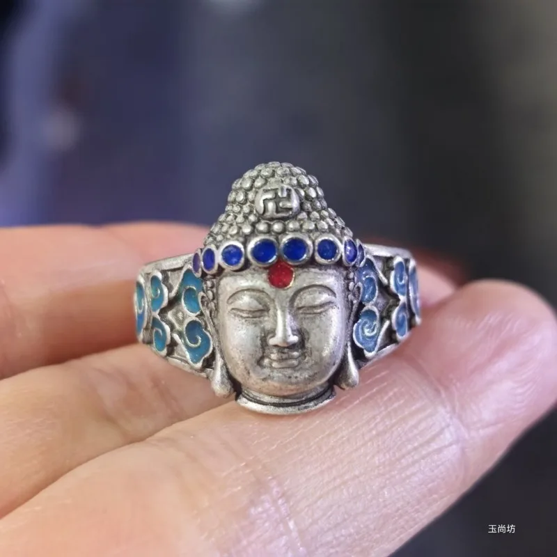Vintage Antique Silver Cloisonné Buddha Head Ring, Old Patina Adjustable Open Band
Vintage Antique Silver Cloisonné Buddha Head Ring, Old Patina Adjustable Open Band