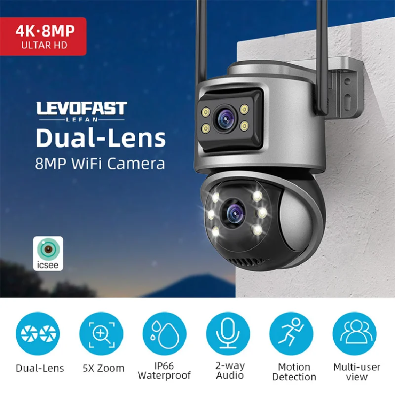 Ultra HD Dual Lens Cameras Outdoor Wireless Auto Tracking Security Monitor Two Way Audio Waterproof PTZ Camera iCsee APP
Ultra HD Dual Lens Cameras Outdoor Wireless Auto Tracking Security Monitor Two Way Audio Waterproof PTZ Camera iCsee APP