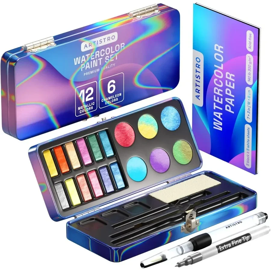 Metallic Watercolor Paints Set of 18 Palette with 12 Metallic Glitter Watercolors and 6 Chameleon Colors Ideal Portable Travel
Metallic Watercolor Paints Set of 18 Palette with 12 Metallic Glitter Watercolors and 6 Chameleon Colors Ideal Portable Travel