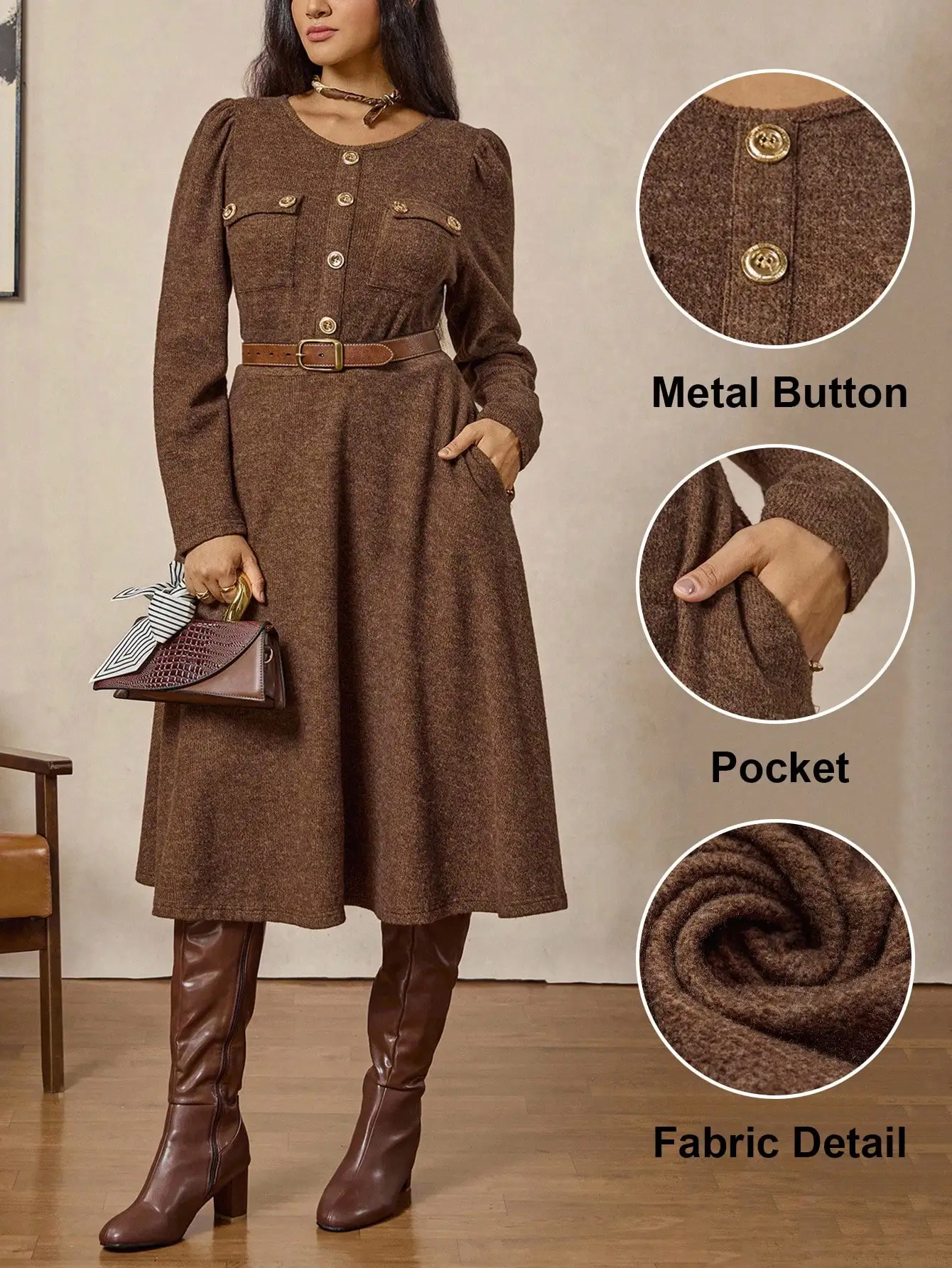 Винтажное коричневое твидовое платье миди с металлическими пуговицами и поясом, повседневный осенне-зимний наряд больших размеров для женщин
Винтажное коричневое твидовое платье миди с металлическими пуговицами и поясом, повседневный осенне-зимний наряд больших размеров для женщин