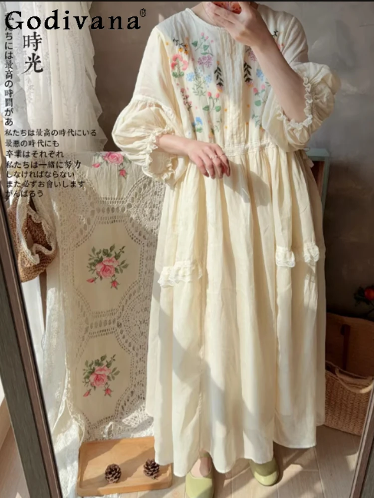 Spring Summer New Sweet Women Embroidered Retro Lantern Sleeve Dress Fashion Lace High Waist A-line Loose Round Neck Dresses
Spring Summer New Sweet Women Embroidered Retro Lantern Sleeve Dress Fashion Lace High Waist A-line Loose Round Neck Dresses