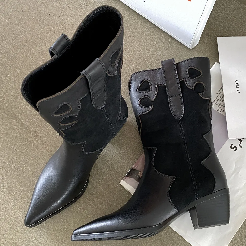 Women's genuine leather patchwork 5cm thick med heel slip-on Western boots pointed toe casual female high-end mid-calf boots hot
Women's genuine leather patchwork 5cm thick med heel slip-on Western boots pointed toe casual female high-end mid-calf boots hot