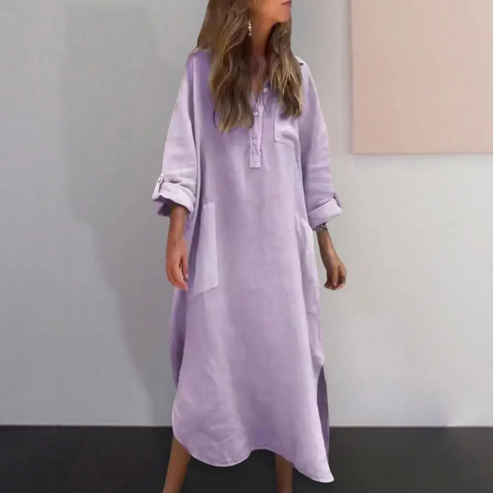 Loose Fit Long-sleeve Dress Elegant Women's Midi Dress with Turn-down Collar Long Sleeves Side Split Pockets Casual for A
Loose Fit Long-sleeve Dress Elegant Women's Midi Dress with Turn-down Collar Long Sleeves Side Split Pockets Casual for A
