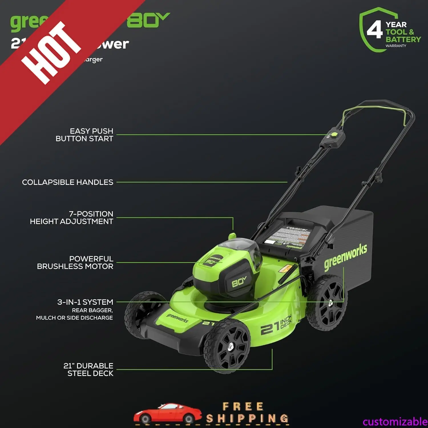 Customizable 80V 21" Brushless Cordless (Push) Lawn Mower (75+ Compatible Tools), 4.0Ah Battery and 60 Minute Rapid C
Customizable 80V 21" Brushless Cordless (Push) Lawn Mower (75+ Compatible Tools), 4.0Ah Battery and 60 Minute Rapid C