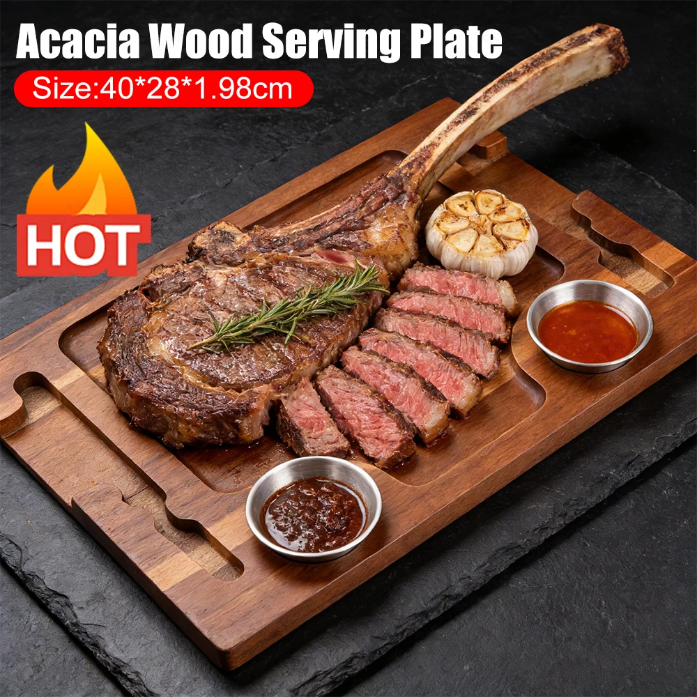 Acacia Wood Serving Plate with Grooves Carved Meat Wooden Plate with 2 Sauce Cups for Meat Sausages Cheese
Acacia Wood Serving Plate with Grooves Carved Meat Wooden Plate with 2 Sauce Cups for Meat Sausages Cheese