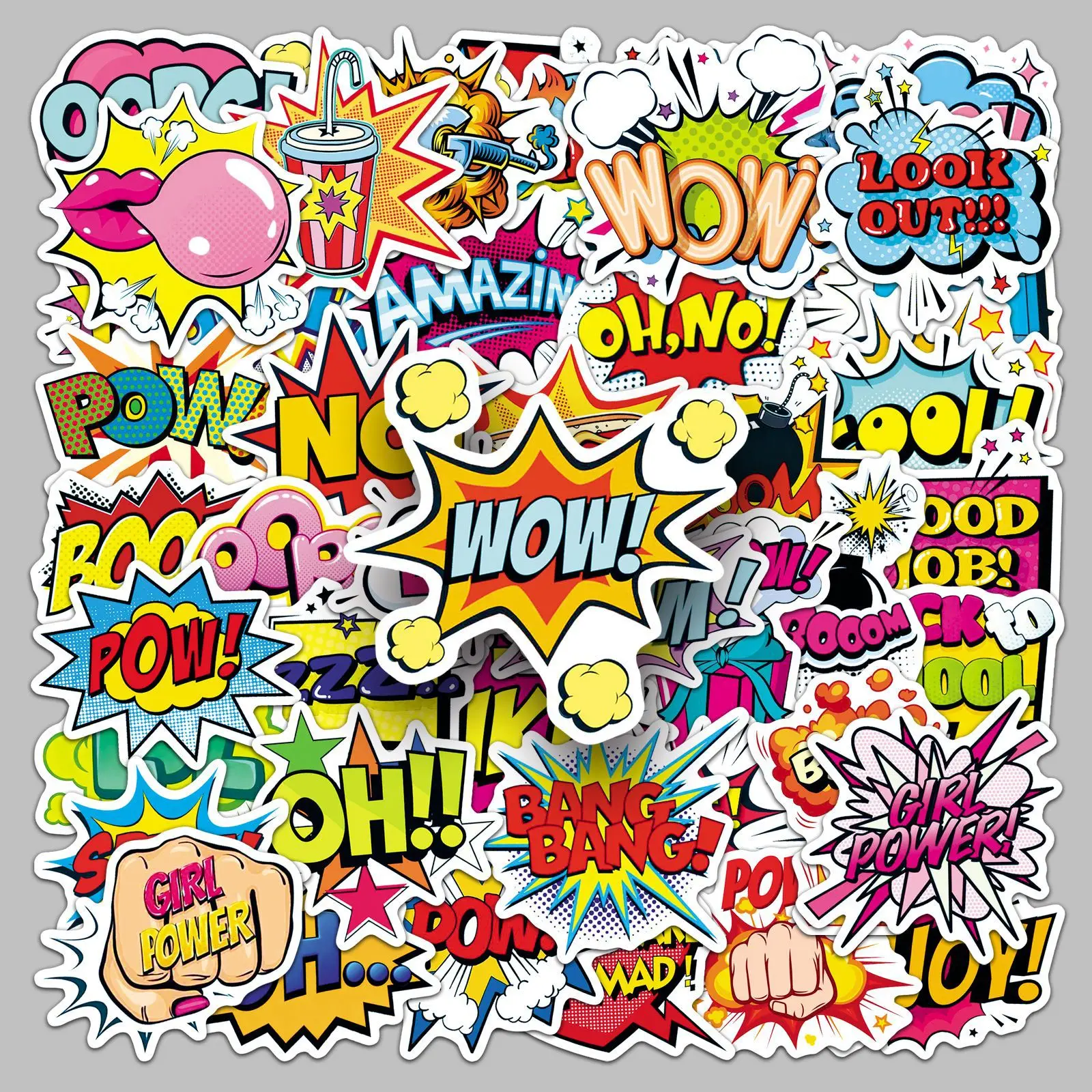 50Pcs Pop Art Explosion Stickers, Cartoon Graffiti Slogan Decals, Stickers for Journal Photocard Skateboard Guitar DIY Decor
50Pcs Pop Art Explosion Stickers, Cartoon Graffiti Slogan Decals, Stickers for Journal Photocard Skateboard Guitar DIY Decor