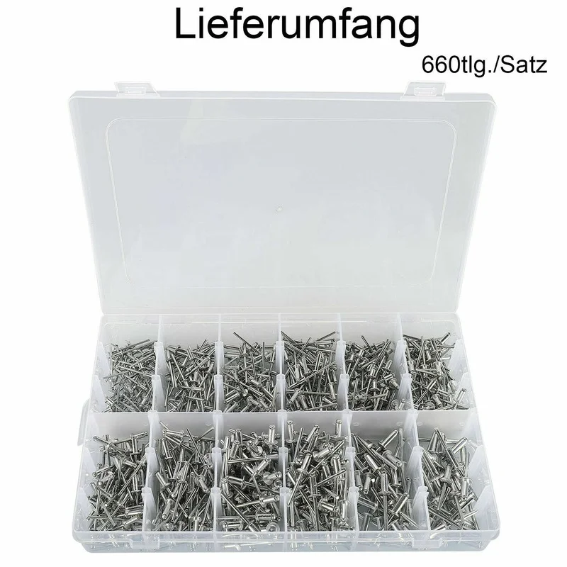 660pcs Dome Head Blind Rivet Tool 3.2/4/4.8mm Assorted Aluminum Alloy Mandrel Exhaust Rivets Appliances With Box
660pcs Dome Head Blind Rivet Tool 3.2/4/4.8mm Assorted Aluminum Alloy Mandrel Exhaust Rivets Appliances With Box