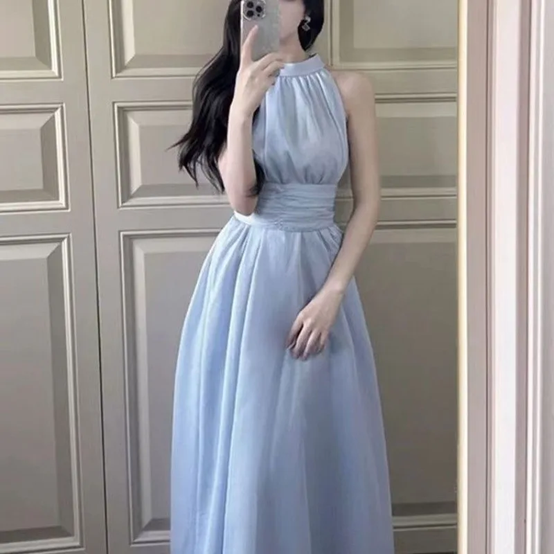Summer Women's Blue Chiffon Hanging Neck Dress 2026 New Korean Casual Waist-cinching Beach Vacation Maxi Dress for Women Y2k
Summer Women's Blue Chiffon Hanging Neck Dress 2026 New Korean Casual Waist-cinching Beach Vacation Maxi Dress for Women Y2k
