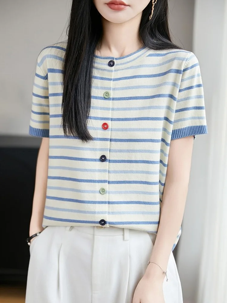 Slim Fit Stripe Short Sleeve T-Shirt Women's Summer Thin Style Casual High Quality Half Sleeve Open Cardigan Soft Breathable
Slim Fit Stripe Short Sleeve T-Shirt Women's Summer Thin Style Casual High Quality Half Sleeve Open Cardigan Soft Breathable