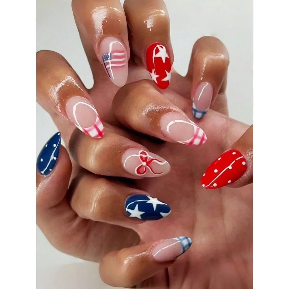 24pcs Patriotic Independence Day False Nails Set, Including Bow, Western Cowboy Star And National Flag Floral Patterns. Reusable Oval Shaped Artificial Nails, Suitable For Independence Day And Memorial Day Nail Art
24pcs Patriotic Independence Day False Nails Set, Including Bow, Western Cowboy Star And National Flag Floral Patterns. Reusable Oval Shaped Artificial Nails, Suitable For Independence Day And Memorial Day Nail Art